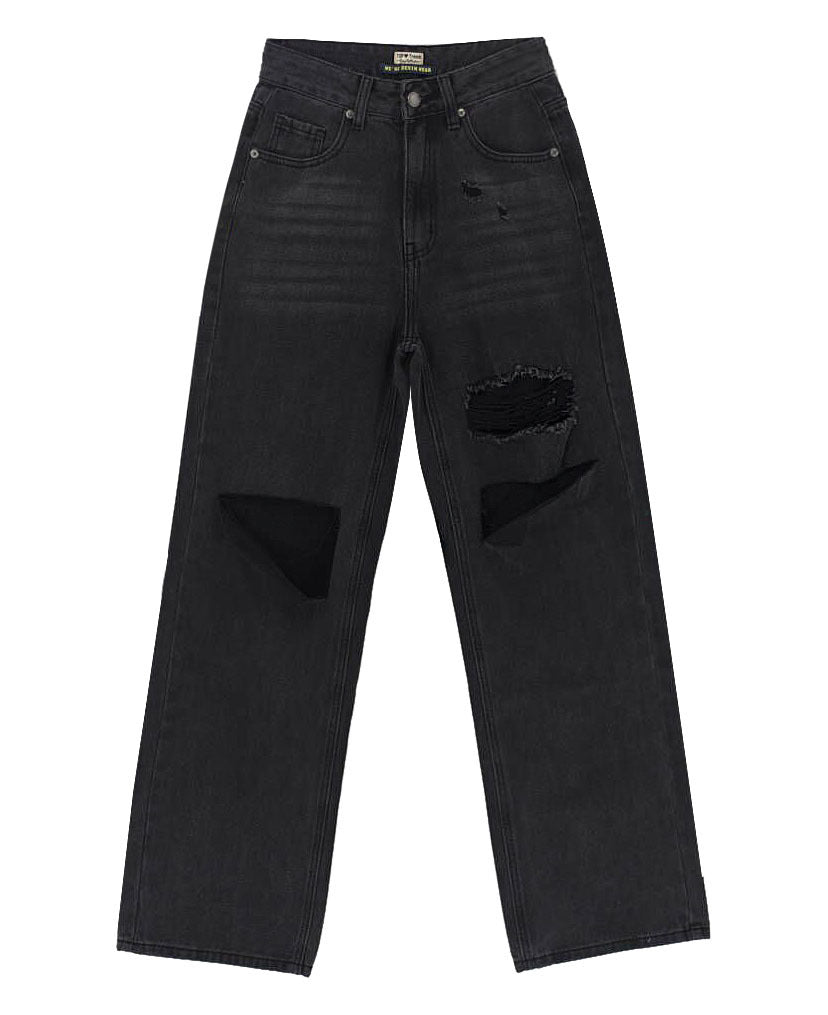 Schwarze, graue, hoch taillierte, zerrissene Jeans, Baggy-Hose mit geradem Bein