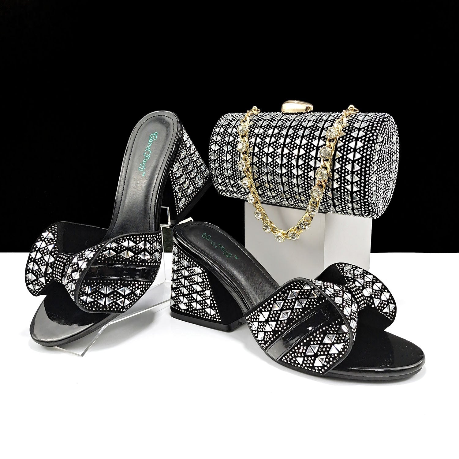 Schuhe Taschen Zweiteilige Sets Mund High Heel Hausschuhe Farblich passende Strass verzierte zylindrische Tasche Casual 