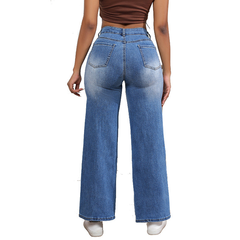Jeans déchirés Arrivée Taille haute Pantalon droit ample élastique