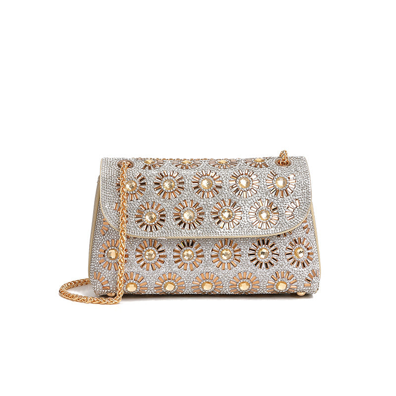 Sac à bandoulière à motif floral, sac de soirée, sac à bandoulière tendance avec chaîne et strass 