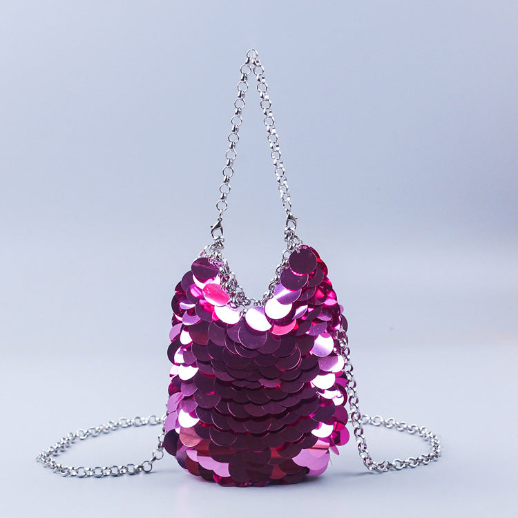 Sac à paillettes en métal brillant et bombé, tissé à la main, pour cocktail, téléphone portable 