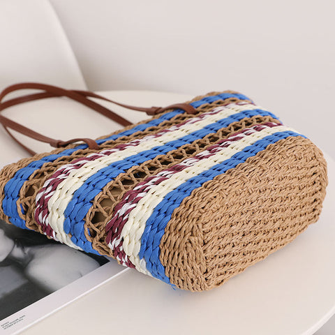 Sac de paille découpé creux sac de paille portable à rayures vintage sac de plage de vacances en bord de mer sac à bandoulière 