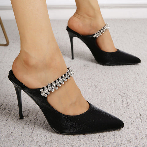 French Rhinestone Pointed Toe Mary Jane Shoes One Strap Heel Shoes