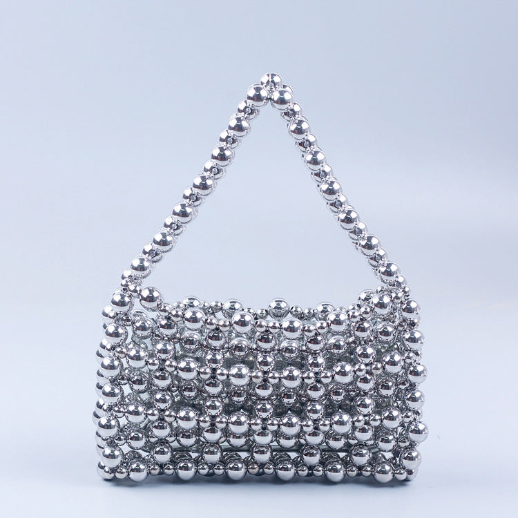 Sac à main tendance en acrylique tissé à la main galvanisé argenté pour la rue, décontracté et assorti avec des perles 