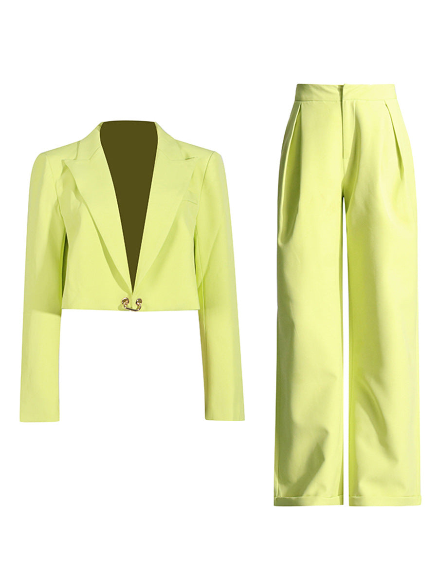 Solid Color Two-Piece V-neck Long-Sleeved Short Suit Jacket + High-Waisted Wide-Leg Pants Casual Suit