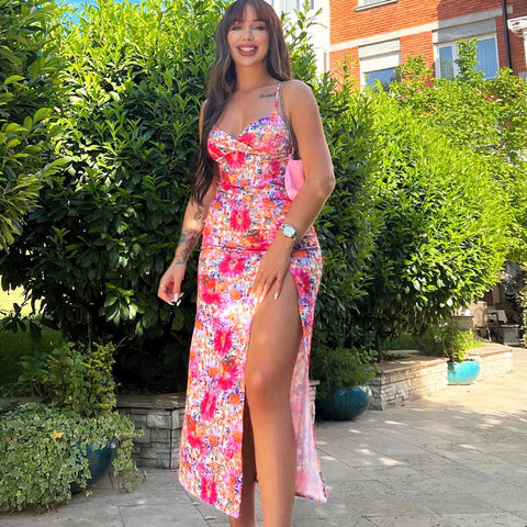 Printed V-Neck Halter Dress With Split Halter