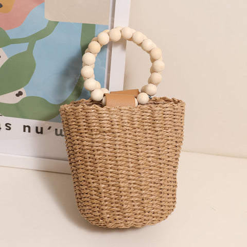 Cute Beaded Portable Straw Weaved Bag Bucket Hand Carrying Straw Bag Vacation Beach Bag Women