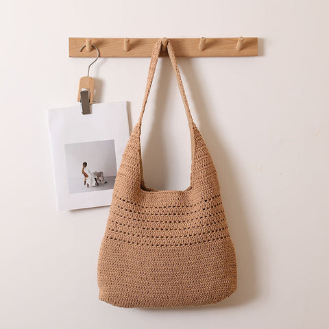 Sac à bandoulière en paille ajouré en fil de coton de grande capacité pour les vacances, la plage, décontracté 