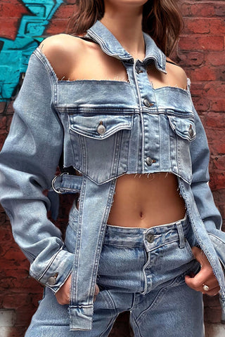 Open Shoulder Irregular Style Crop Denim Coat