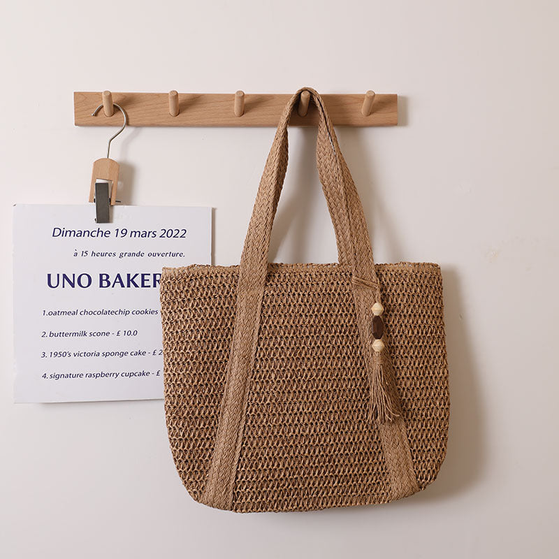 Sac à bandoulière en paille de couleur unie de grande capacité, sac de plage de vacances 
