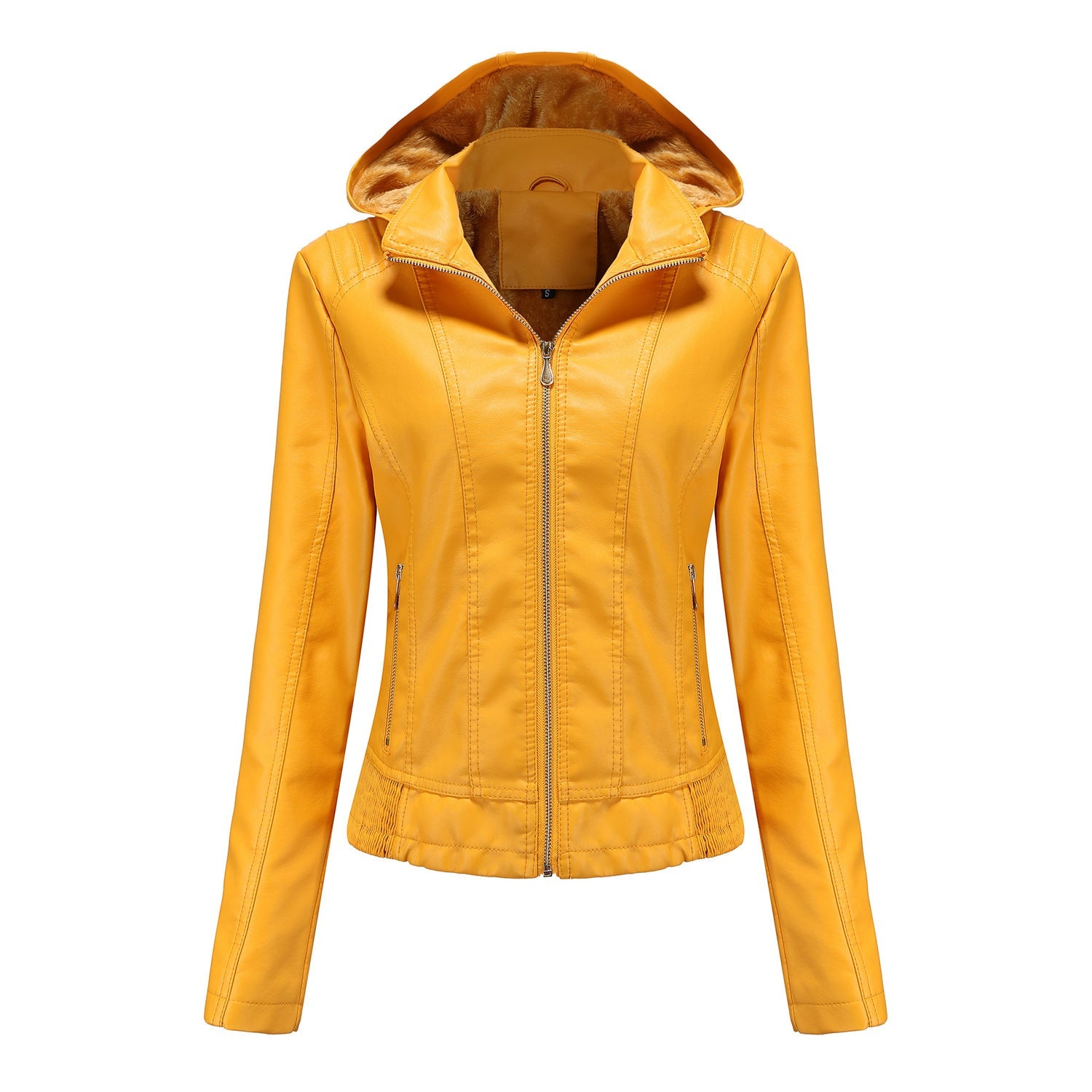 Manteau en cuir à capuche d'automne pour femme, chapeau amovible, manches longues, fermeture éclair, veste en cuir doublée en polaire, manteau slim