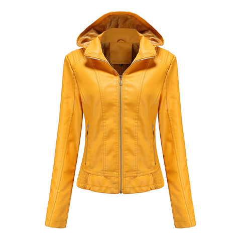 Manteau en cuir à capuche d'automne pour femme, chapeau amovible, manches longues, fermeture éclair, veste en cuir doublée en polaire, manteau slim