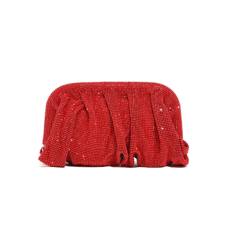 Hochwertige, von Hand mit Diamanten besetzte Clutch mit plissierter Kette und Strasssteinen sowie Wolkenclip, Dinner-Tasche, Umhängetasche mit einer Schulter 