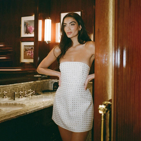 A White Beaded Backless Evening Dress