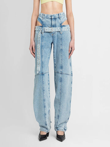 Blue Cut Out Wide Leg Jeans with Buckle