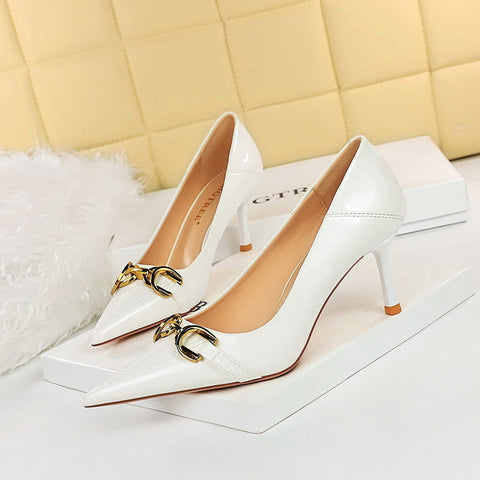 High Heels Shoes Stiletto Heel Shiny Patent Leather Shallow Mouth Pointed Office High Heel Metal Belt Buckle Pumps