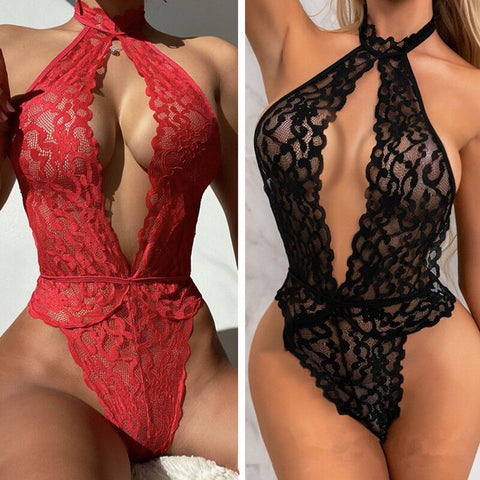 Lingerie Teddy à découpes en dentelle et col licou