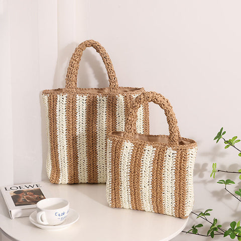 Sac en paille français à rayures verticales Sac en paille de couleur contrastée portable Sac pour femme Sac de plage de vacances en bord de mer 