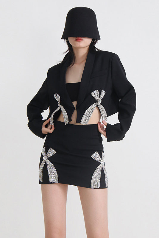 Long Sleeve Rhinestone Bow Hip Skirt Suit