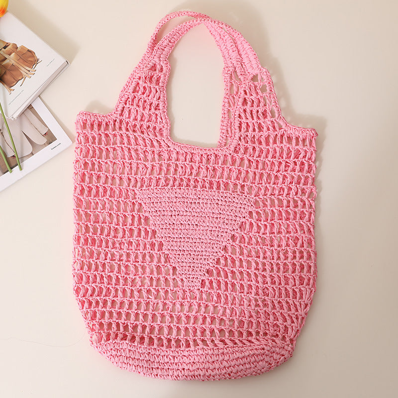 Large Capacity Hollow Out Cutout Straw Bag Fresh Candy Color One Shoulder Tote Portable Beach Bag