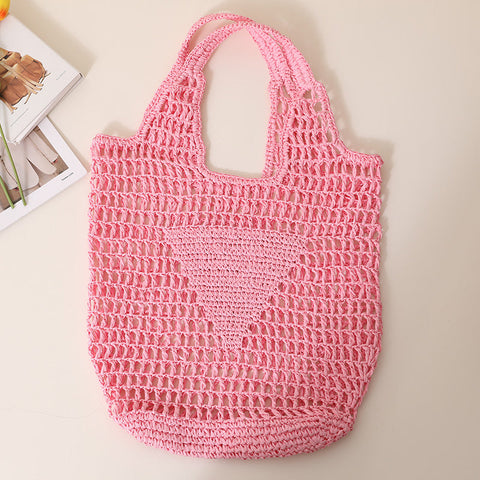 Large Capacity Hollow Out Cutout Straw Bag Fresh Candy Color One Shoulder Tote Portable Beach Bag