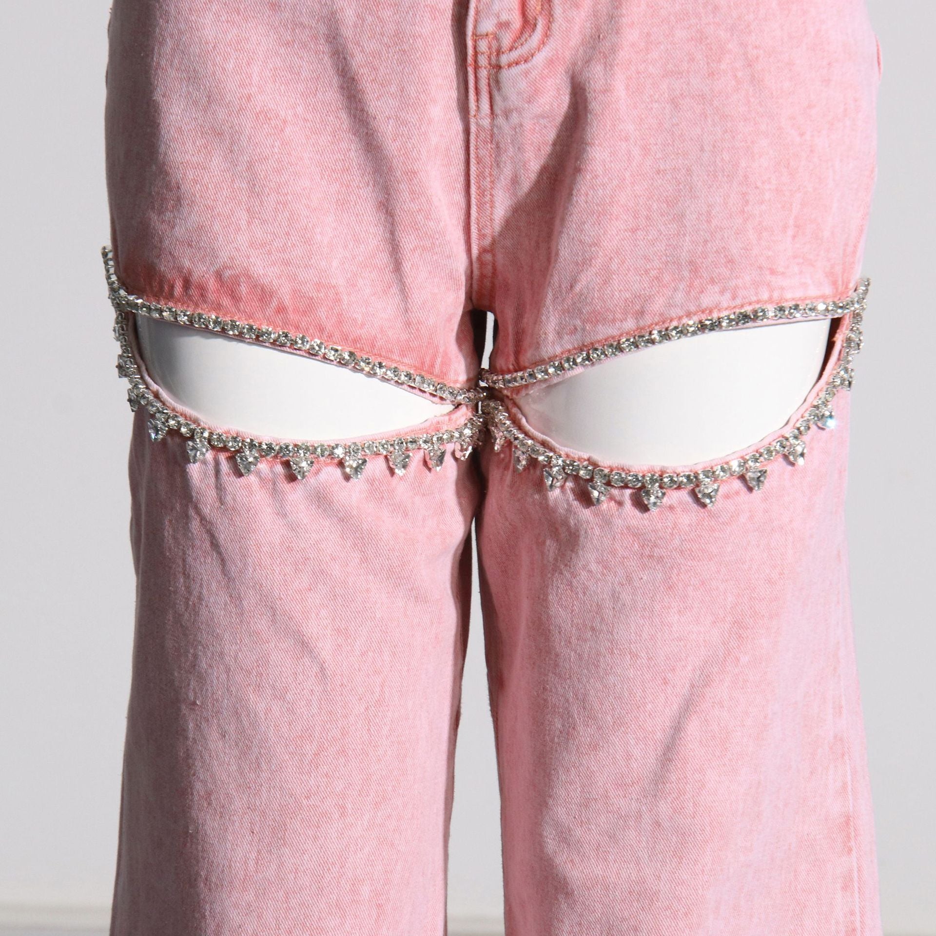 Crystal Cut-Out Straight Jeans - Pink