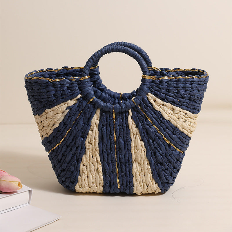 Golden Silk Thread Portable Straw Weaved Bag Large Capacity Tote Vegetable Basket Bag Vacation Beach Bag Hand Carrying Woven Bag