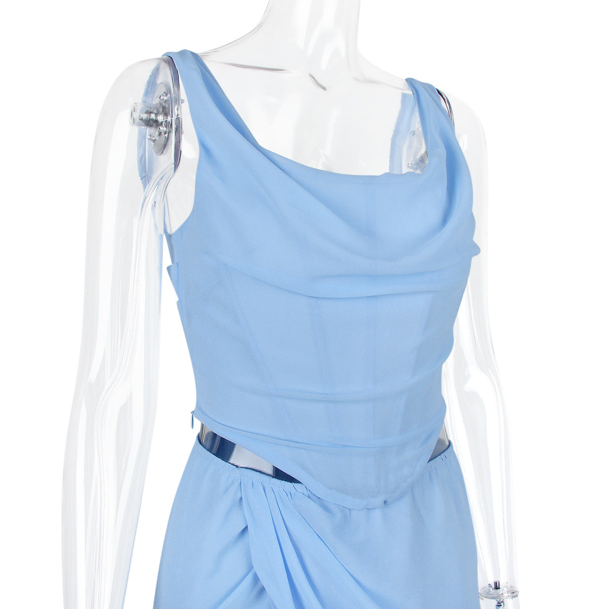 Vintage Printed Draped Corset Top Split Two Piece Maxi Dress - Blue