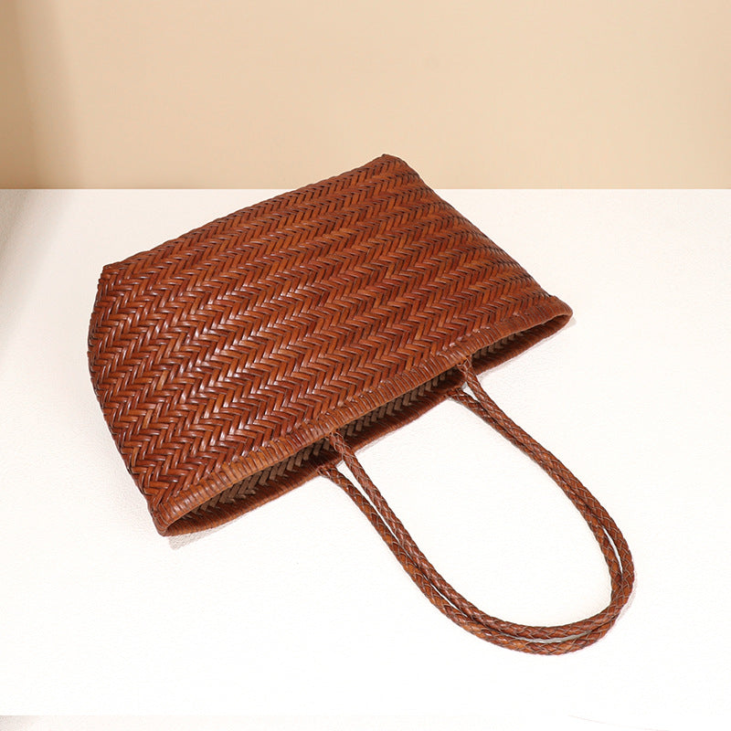 Vegetable Basket Bag Hand Woven First Layer Cowhide Leather Retro Hand Carrying Combination Tote Rattan Weave Bag