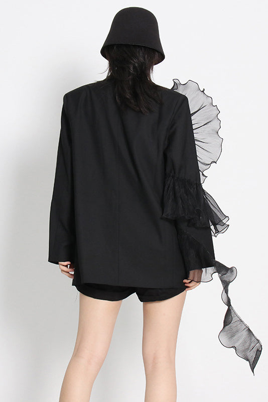 Sheer Mesh Ruffled Irregular Loose Fit Trench Coat