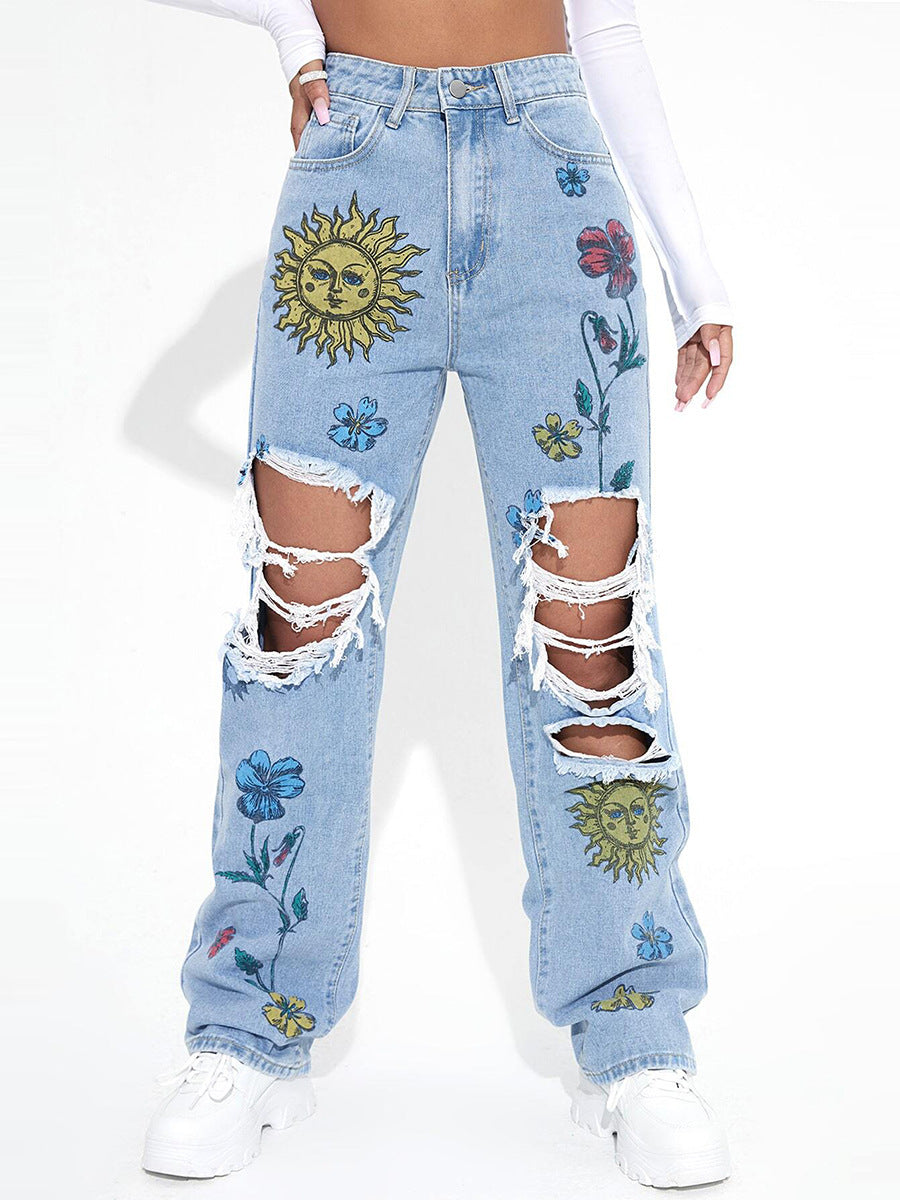 Floral & Sun Print Ripped Jeans