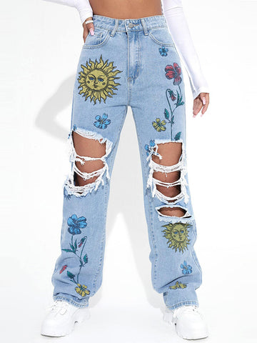 Floral & Sun Print Ripped Jeans