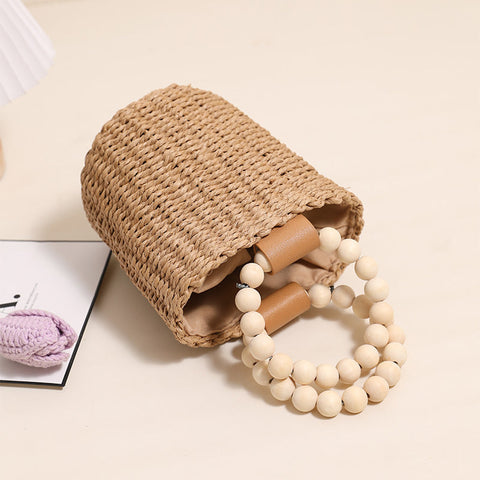 Cute Beaded Portable Straw Weaved Bag Bucket Hand Carrying Straw Bag Vacation Beach Bag Women