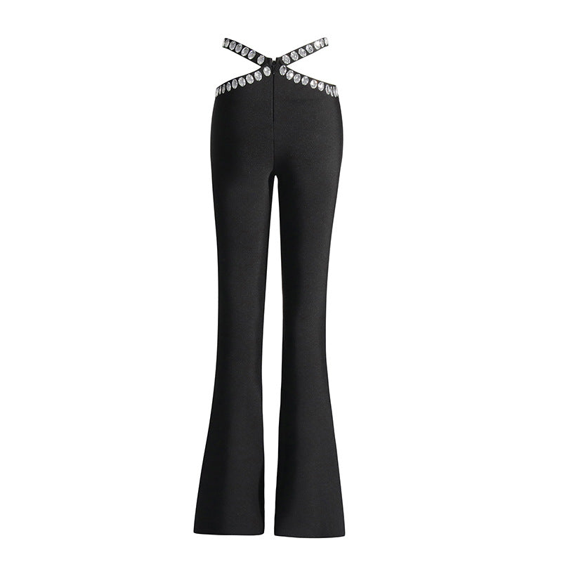 Pantalon décontracté taille haute incrusté de diamants