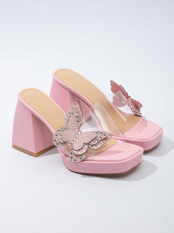 Heels Transparent High Heel Sandals Butterfly Rhinestone Thick Bottom Chunky Heel Slippers