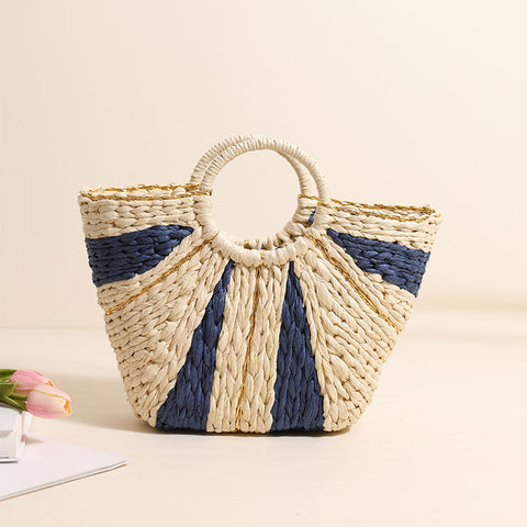 Golden Silk Thread Portable Straw Weaved Bag Large Capacity Tote Vegetable Basket Bag Vacation Beach Bag Hand Carrying Woven Bag