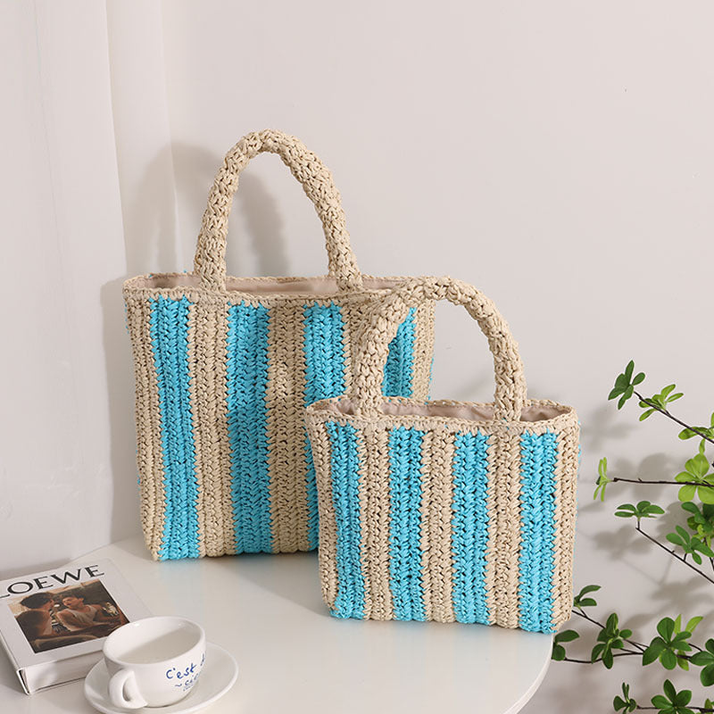 Sac en paille français à rayures verticales Sac en paille de couleur contrastée portable Sac pour femme Sac de plage de vacances en bord de mer 