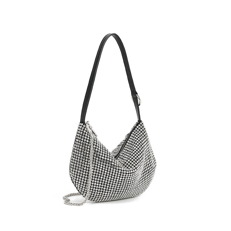 Sac à main en strass pour femme, sac à bandoulière en demi-cercle, chaîne, lune, petit sac 