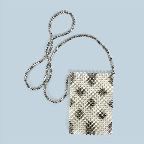 Sac à bandoulière pour téléphone portable fait à la main avec perles de couleur contrastée et petites perles fraîches 