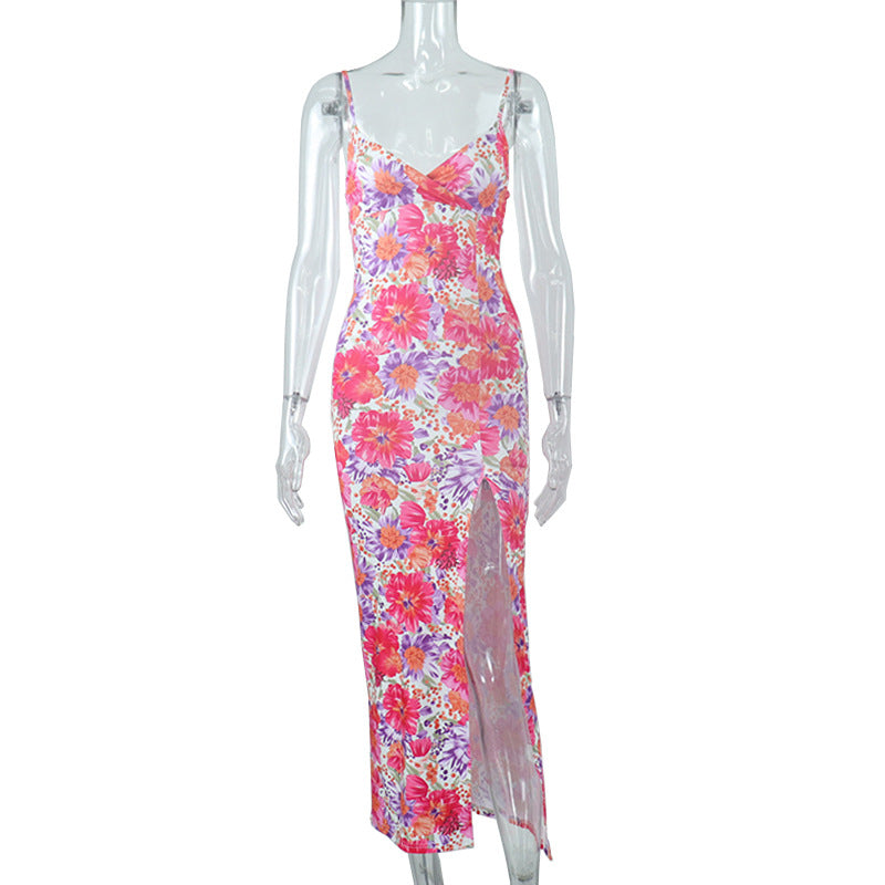 Printed V-Neck Halter Dress With Split Halter