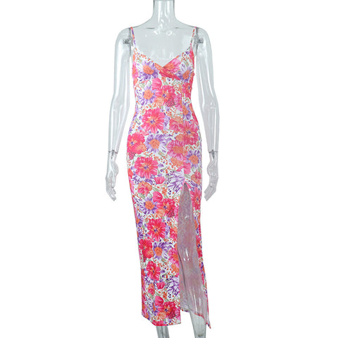 Printed V-Neck Halter Dress With Split Halter
