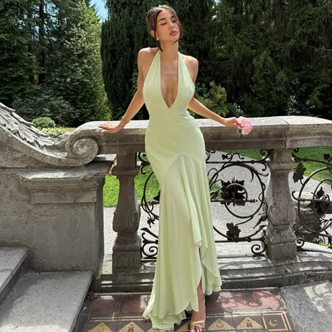 Halter neck deep V see-through mesh dress