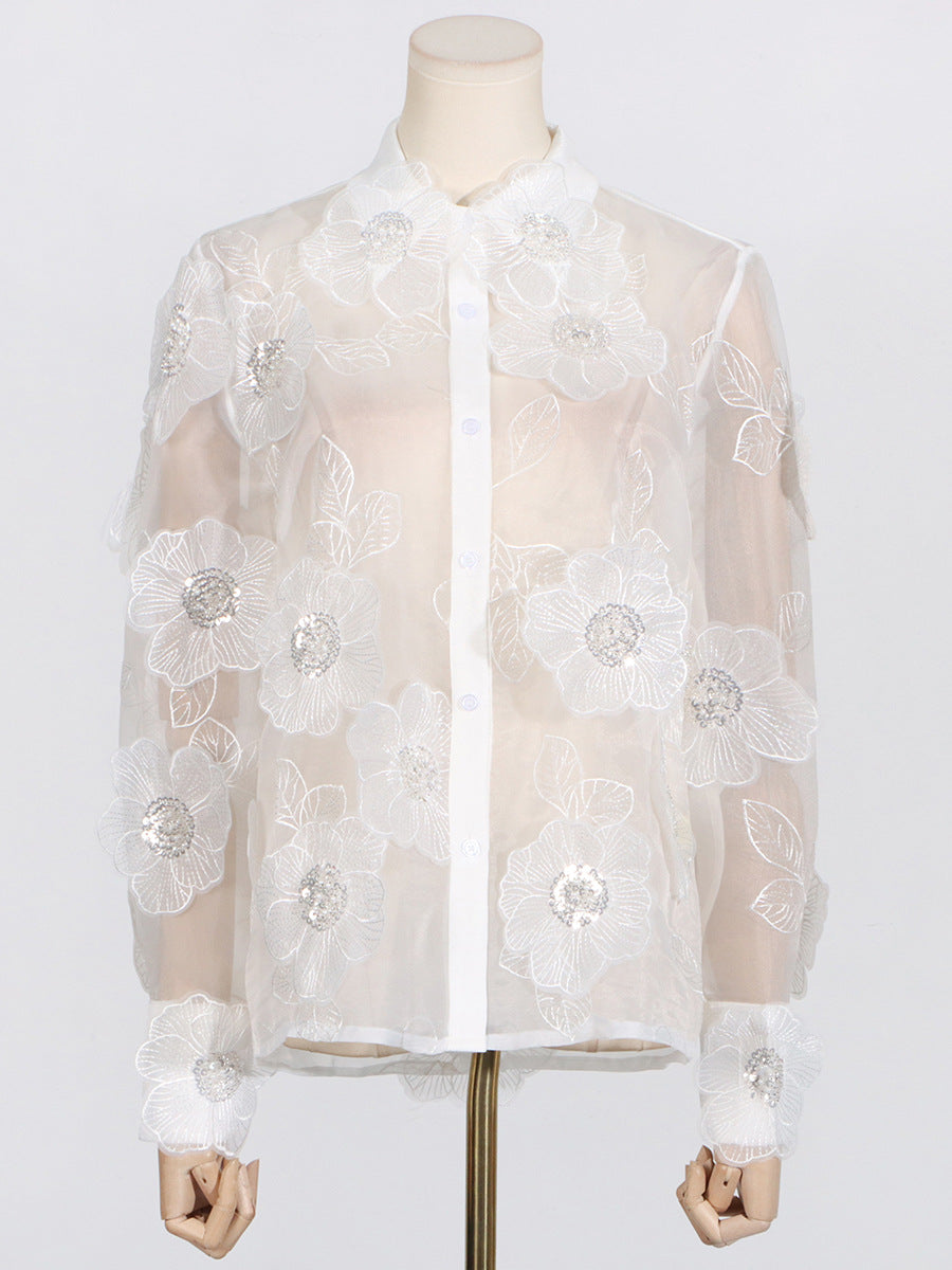 3D FLOWERS SEQUINED ORGANZA BLOUSE