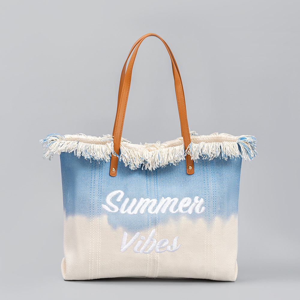 Embroidered Tote Bag Tassel Canvas Bag Magnetic Snap Office Bag Underarm Bag Beach Shoulder Bag Summer