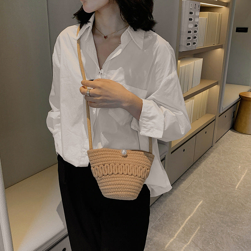 Crossbody Straw Bag Cotton Thread Mobile Phone Change Key Case Hollow Out Cutout Cotton Thread Casual Cute Women