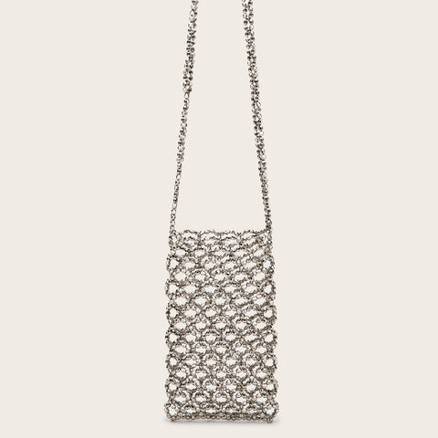 Silver Electroplated Acrylic Hand Woven Beads Hollow Out Cutout Bag Trend Phone Crossbody Bag