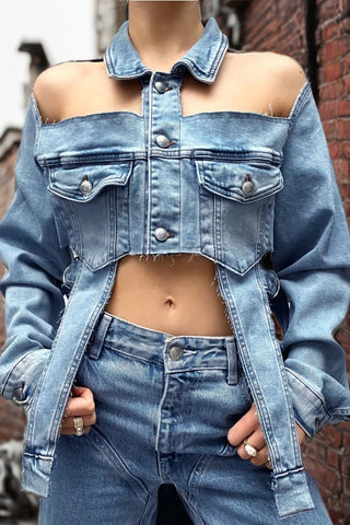 Open Shoulder Irregular Style Crop Denim Coat