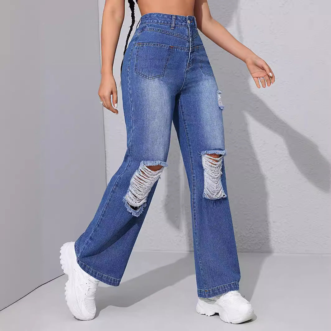 Zerrissene Jeans mit hoher Taille, schlankmachende gerade Fronttasche, kleine Hose mit geradem Bein