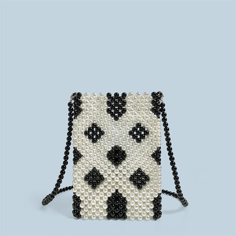 Sac à bandoulière pour téléphone portable fait à la main avec perles de couleur contrastée et petites perles fraîches 
