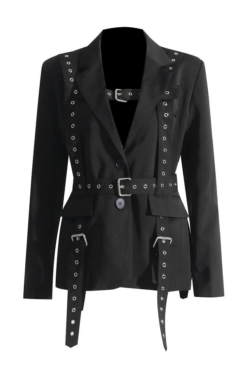 STRAPPY BUCKLE BELT LAPEL SINGLE BREASTED BLAZER